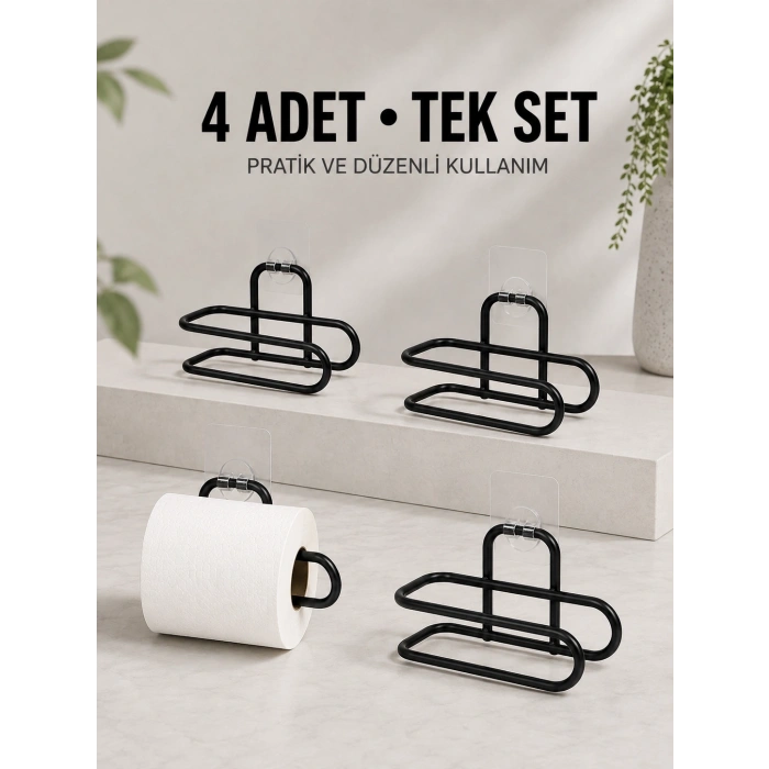 Duvara Yapışkanlı Wc Kağıtlık Siyah Metal 4 Adet Tuvalet Kağıdı Rulo Askısı