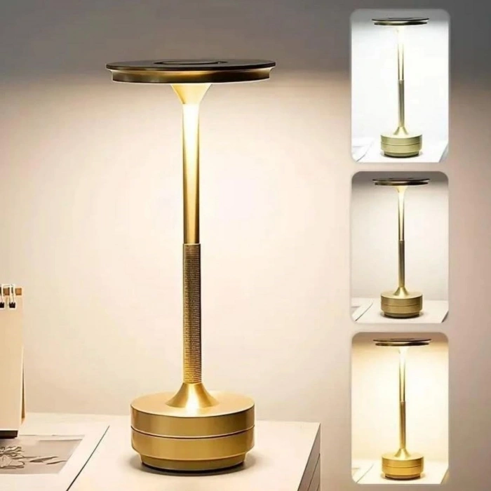 Eskitme Gold Kasa Dokunmatik Şarjlı Masa Lambası – 3 Renk Işık Modlu, LED Aydınlatmalı, Modern &amp; Dekoratif Abajur (5263)