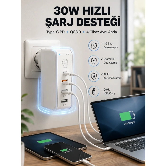 Ev Ve Ofis İçin Zaman Kontrollü Çoklu Şarj Cihazı Yeni Nesil