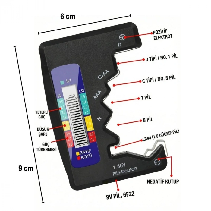 Evrensel Dijital Pil Test Cihazı – AA, AAA, C, D, N, 9V ve Düğme Pil Uyumlu Mini Pil Kapasite & Seviye Ölçer (5263)