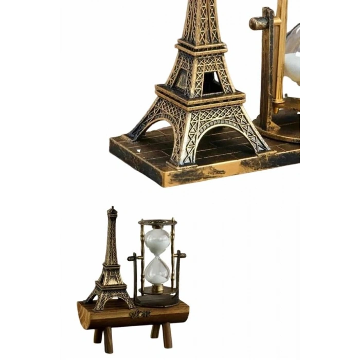 Eyfel Kulesi Tasarımlı Kum Saati Kristalleştirilmiş Kum Saati Dekoratif Ahşap Görünümlü