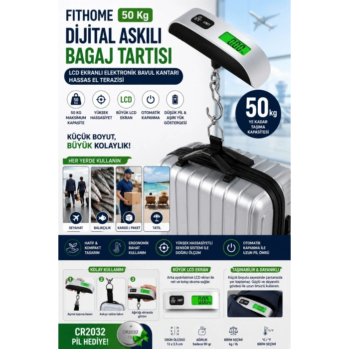 Fithome 50 Kg Dijital Askılı Bagaj Tartısı Lcd Ekranlı Elektronik Bavul Kantarı Hassas El Terazisi