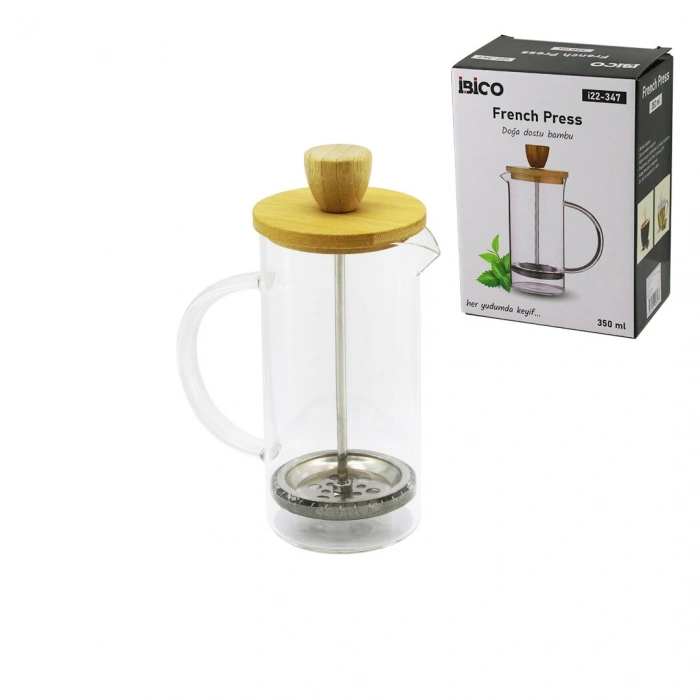 FRENCH PRESS BAMBU KAPAK 350ML CAM BİTKİ SÜZGEÇİ (5263)