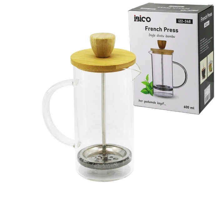 FRENCH PRESS BAMBU KAPAK 600ML CAM BİTKİ SÜZGEÇİ (5263)