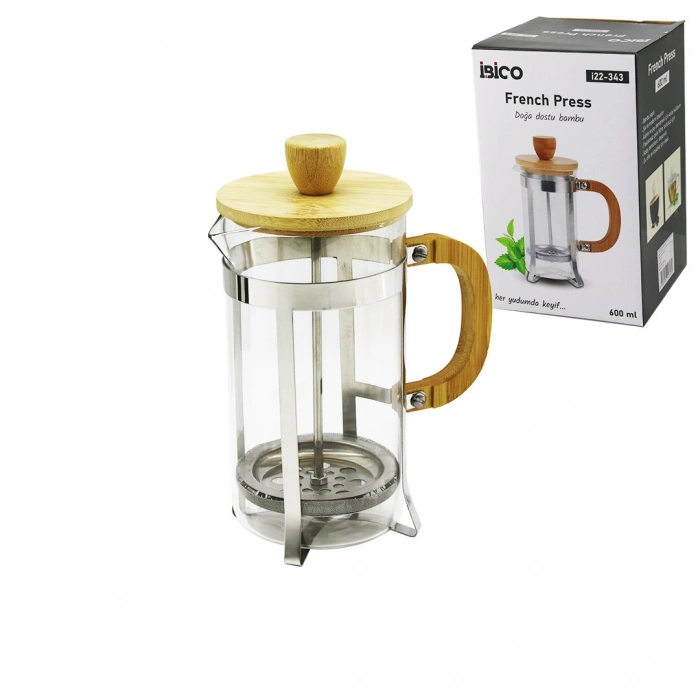 FRENCH PRESS METAL KAFES - BAMBU SAP BAMBU KAPAK 600ML CAM BİTKİ SÜZGEÇİ (5263)