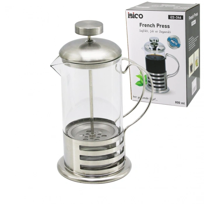 FRENCH PRESS METAL KAFES - METAL KAPAK 800ML CAM BİTKİ SÜZGEÇİ (5263)