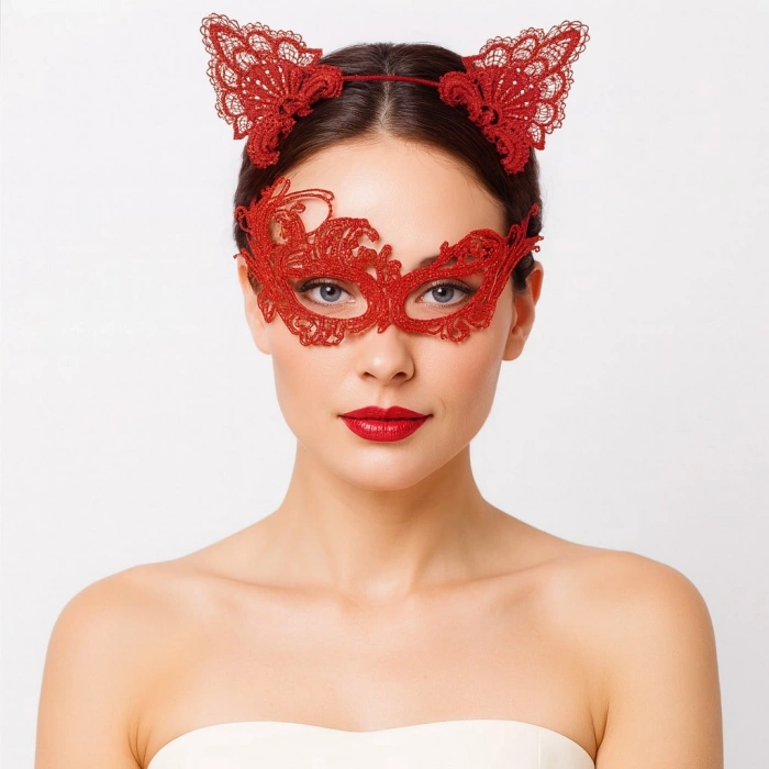 Gizemli Kırmızı Dantel Maske ve Taç Seti 1 No - Kostüm Seti (5263)