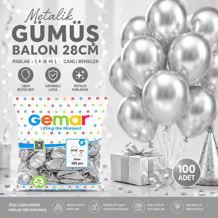 GM-110-38 METALİK - GÜMÜŞ BALON 11'' - 28CM - 100 PARÇA (5263)