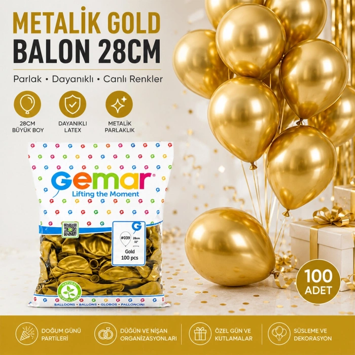 GM-110-39 METALİK - ALTIN BALON 11'' - 28CM - 100 PARÇA (5263)