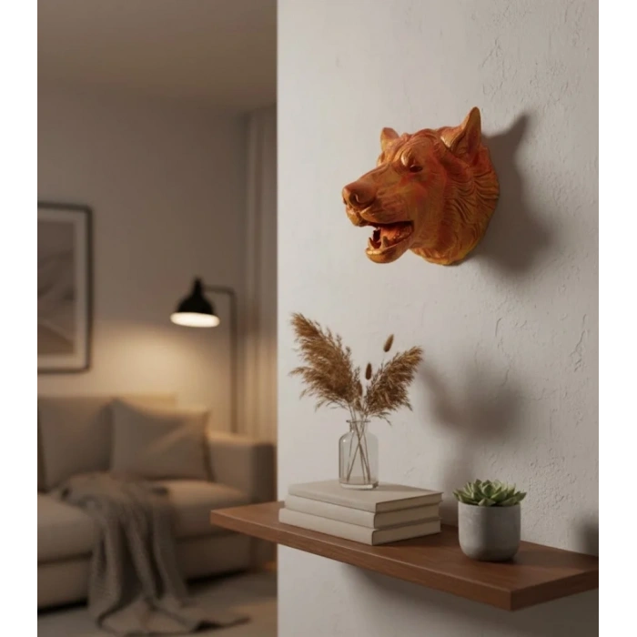 Gold Renk 3d Kurt Başı Duvar Dekoru