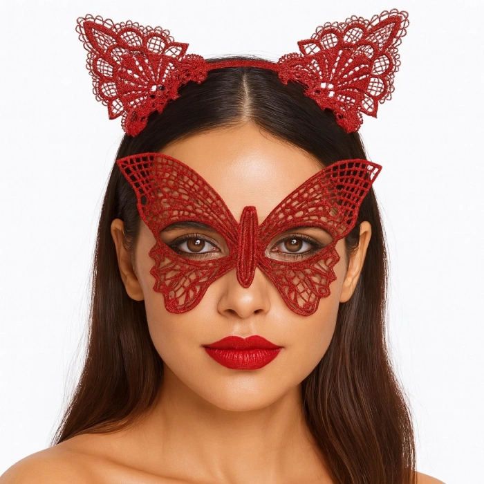 Gösterişli Kırmızı Dantel Maske ve Taç Seti 7 No – Masquerade ve Davetler için (5263)