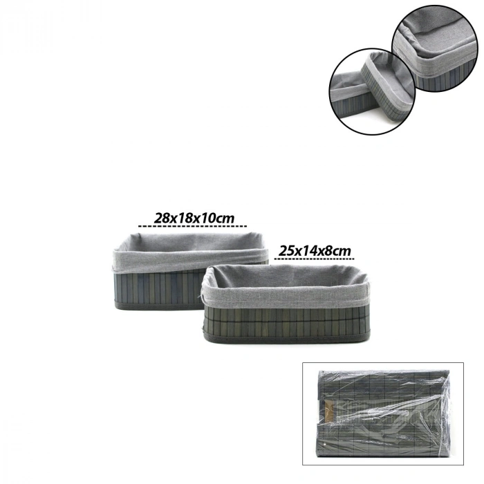 GRİ 2 BOY D.DÖRTGEN BAMBU KENAR ORGANİZER SEPET AHŞAP ALTLIK - BEZLİ 25X14-28X18CM (5263)