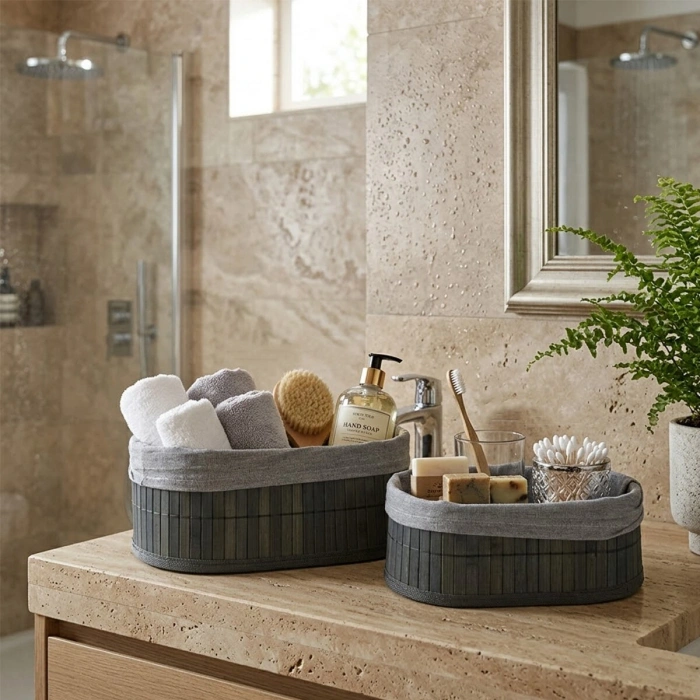 GRİ 2 BOY OVAL BAMBU KENAR ORGANİZER SEPET AHŞAP ALTLIK - BEZLİ 21X14-25X16CM (5263)