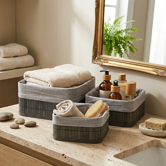 GRİ 3 BOY KARE BAMBU KENAR ORGANİZER SEPET AHŞAP ALTLIK - BEZLİ 17X21X25CM (5263)