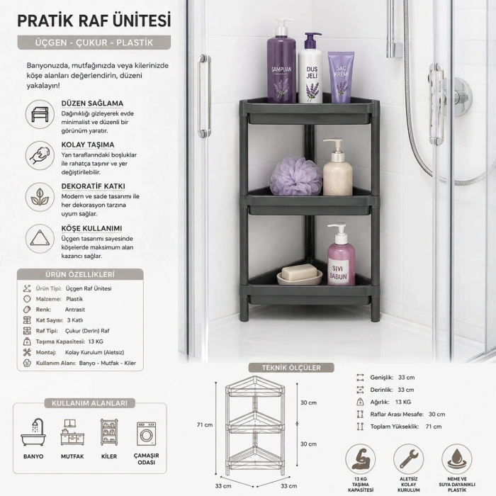 GRİ ÜÇGEN ÇUKUR PRATİK RAF ÜNİTESİ PLASTİK (5263)