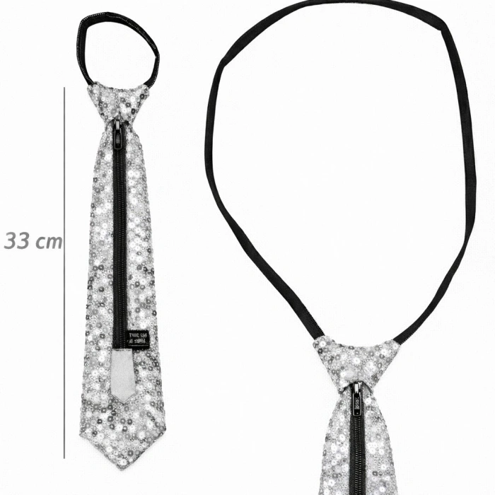 Gümüş Renk Pul Payetli Işıltılı Parti Kravatı 33 cm (5263)