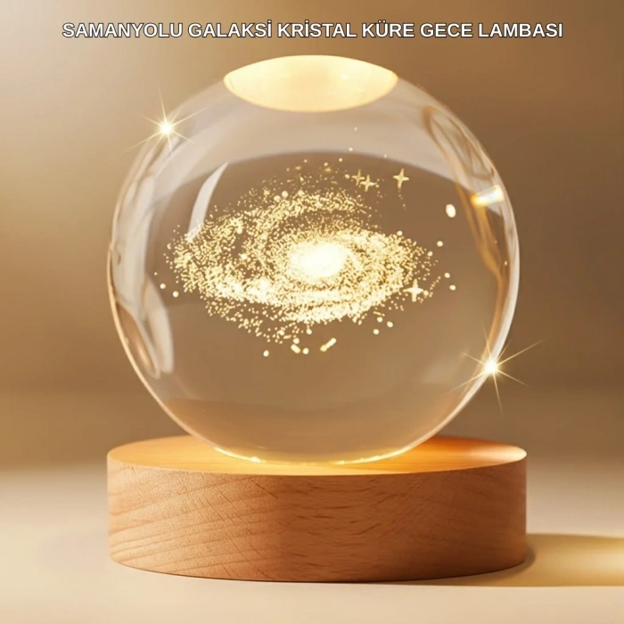 Gün Işığı Led’li 3d Kristal Galaksi Küre Ahşap Tabanlı Dekoratif Lamba