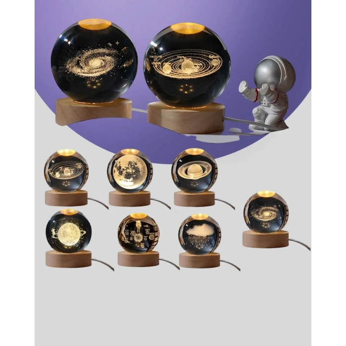 Gün Işığı Led’li 3d Kristal Galaksi Küre Ahşap Tabanlı Dekoratif Lamba