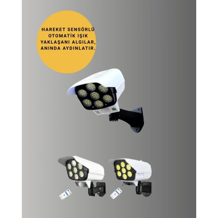 Güneş Enerjili Led Lamba + Güvenlik Kamerası Görünümlü– 5-8 M Hareket Algılamalı, Beyaz Işık