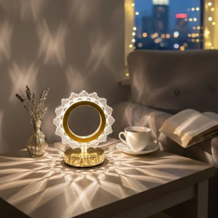 Güneş Şeklinde Kristal LED Masa Lambası – Dokunmatik, 3 Renk Işık Modlu, Şarjlı Mini Dekoratif Gece Lambası (5263)