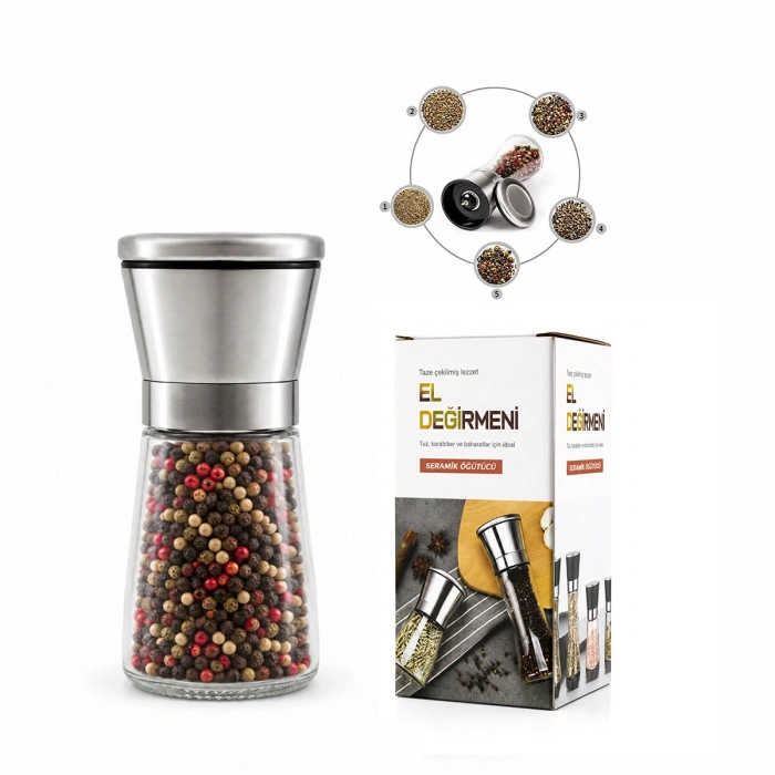 HAND GRINDER KÜÇÜK CAM HAZNELİ - KROM KAPLAMA PLS.KAPAKLI TUZ - BAHARAT ÖĞÜTÜCÜ İ22-411 (5263)