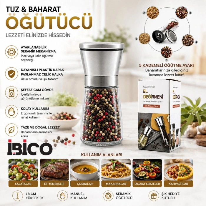 HAND GRINDER KÜÇÜK CAM HAZNELİ - KROM KAPLAMA PLS.KAPAKLI TUZ - BAHARAT ÖĞÜTÜCÜ İ22-411 (5263)