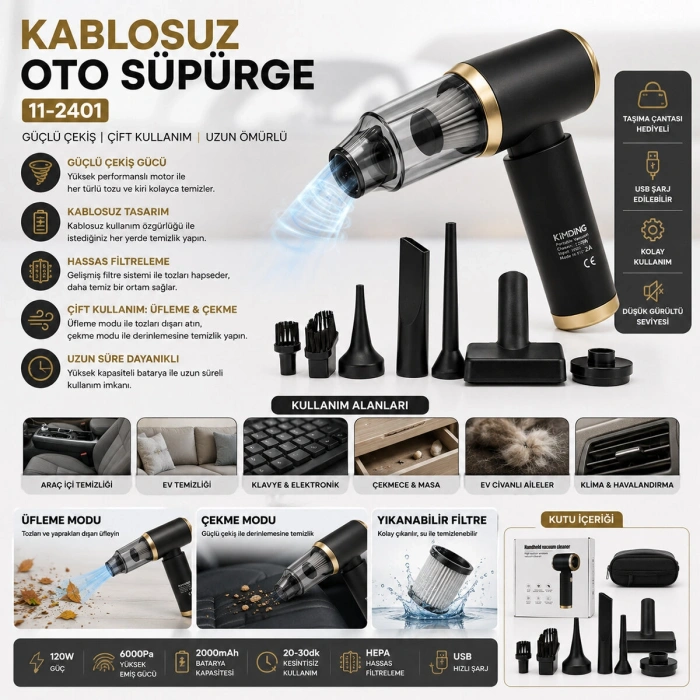 HANDHELD VACUUM CLEANER 2İN1=ÇEKME - ÜFLEME OTO - ARAÇ - EV EL TİPİ SÜPÜRGE ŞARJLI MİNİ - TAŞINABİLİR KH-128 (5263)
