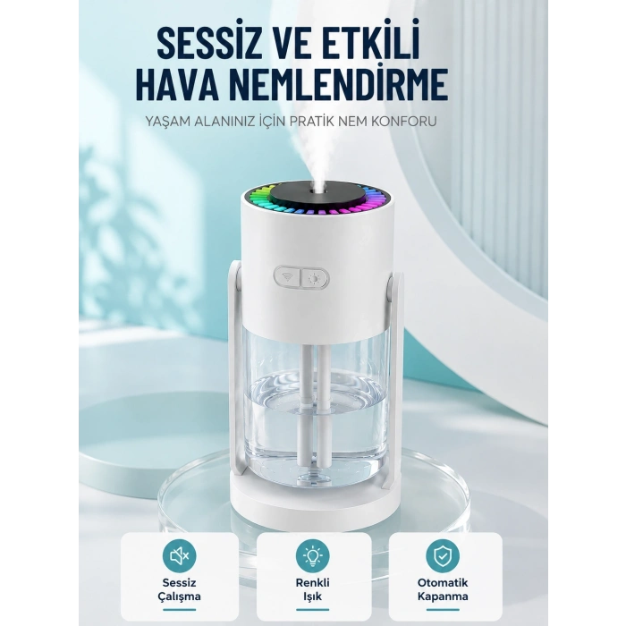 Hava Nemlendirici Led Işıklı Sessiz Çalışan Otomatik Kapanmalı Masaüstü Nemlendirme Cihazı
