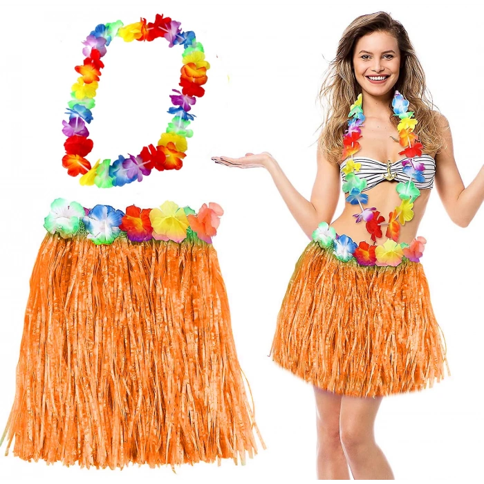 Hawaii Luau Aloha Turuncu Püsküllü 40 cm Etek ve Hawaii Kolye Seti (5263)