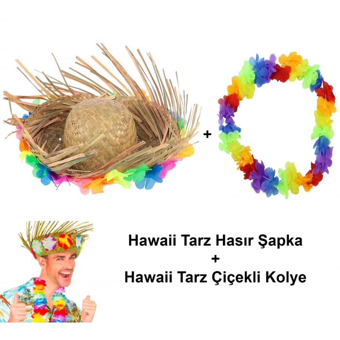 Hawaii Tarzı Tropikal Çiçekli Hasır Şapka ve Çiçekli Hawaii Kolye (5263)