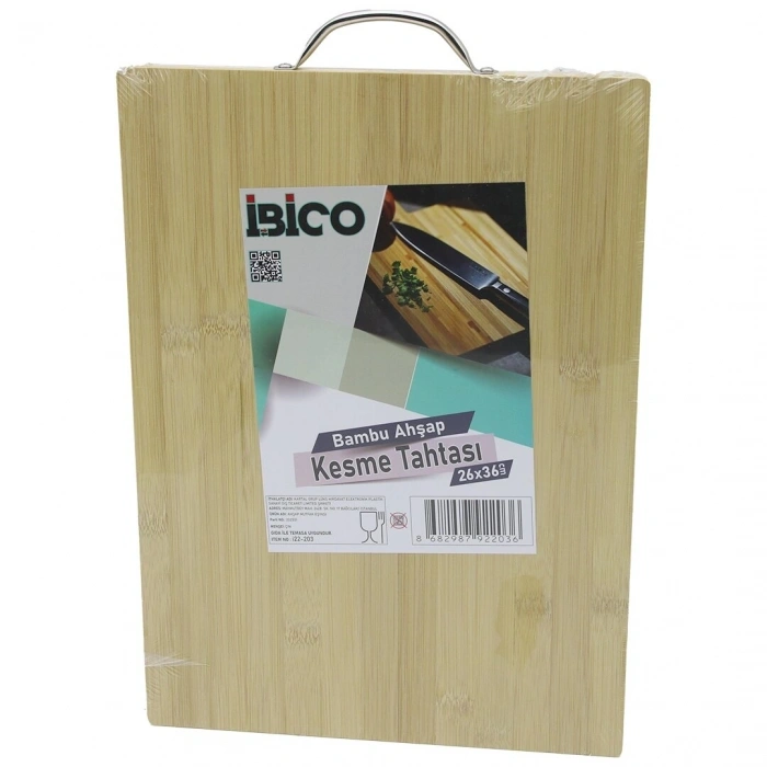 İ22-203 Lüks Ahşap Bambu Kesim Panosu  Kesme Tahtası (metal Kulplu) 26x36x1.7cm