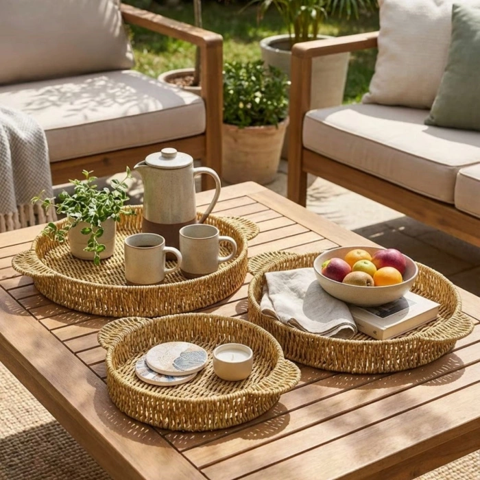 İç İçe Geçebilen 3’lü Yuvarlak Plastik Rattan Tepsi Seti–Hasır Görünümlü Çok Amaçlı Servis ve Sunum Tepsileri (5263)