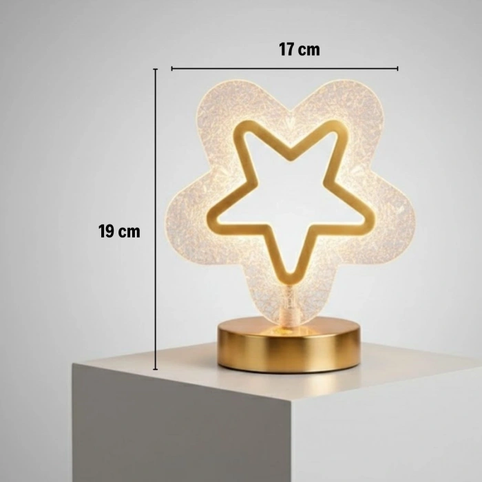 İçi Boş Yıldız Şeklinde Kristal LED Masa Lambası – Dokunmatik, 3 Renk Işık Modlu, Şarjlı Mini Dekoratif Gece Lambası (5263)