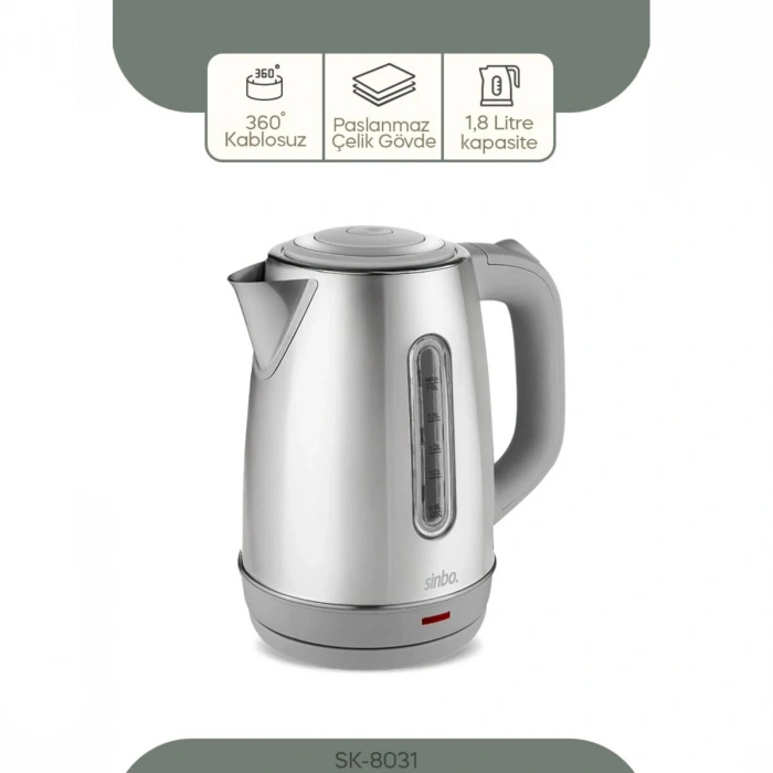 İNOKS ÇELİK KETTLE SU ISITICISI KABLOSUZ KULLANIM 1.8LT 360° DÖNEBİLME OTOMATİK KAPANMA SK-8031 (5263)