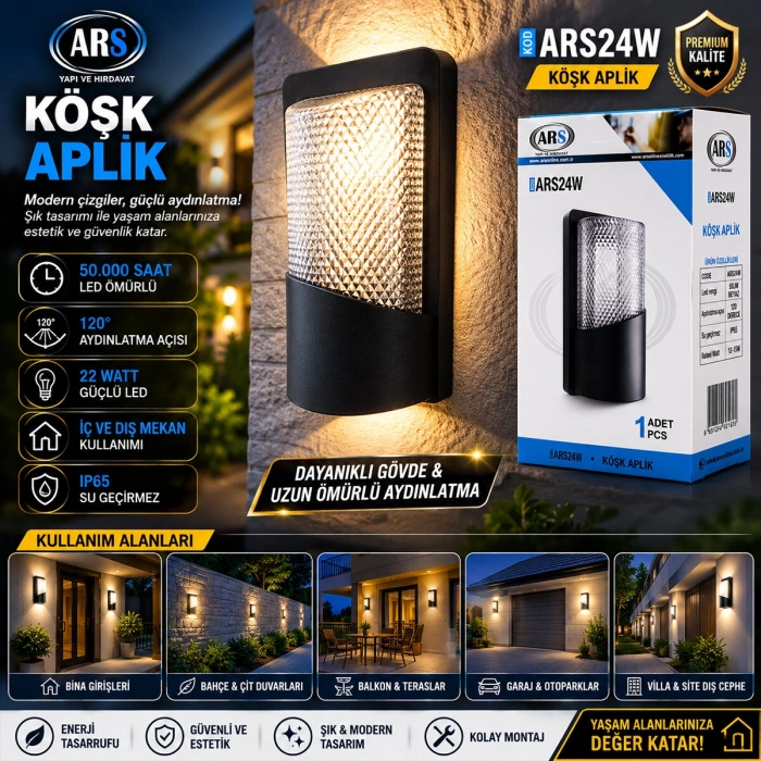 IP66 50.000 SAAT LED ÖMRÜ 22W KÖŞK LED APLİK DUVAR LAMBASI ARS-348955 (5263)