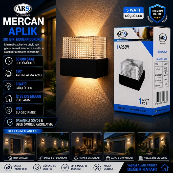 IP66 50.000 SAAT LED ÖMRÜ 5W MERCAN LED APLİK DUVAR LAMBASI ARS-348957 (5263)