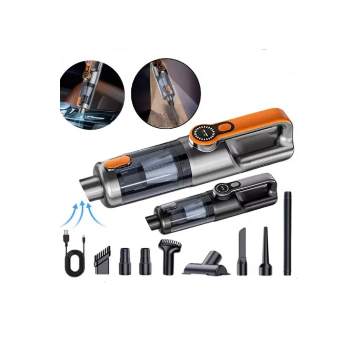 Işıklı Araç Süpürgesi Kablosuz 22.000 Pascal Çekim Gücü Vakum Ve Üfleme 2in1 10başlık Metal Filtreli