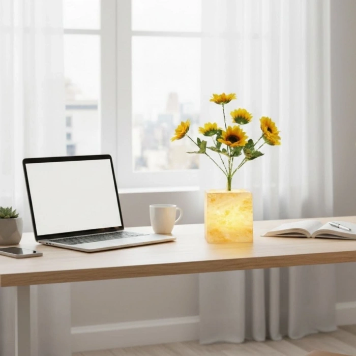 Işıklı Yapay Çiçek – Sarı Saksılı LED Dekoratif Bitki, Masaüstü ve Ev Ofis Aydınlatmalı Süs Bitkisi (5263)