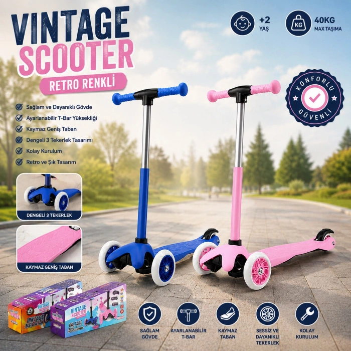 IŞIKSIZ VINTAGE SCOOTER 55X57-64-71CM RETRO RENKLİ +2 YAŞ - 40KG MAX TAŞIMA HERHANGİ BİR RENK GÖNDERİLİR (5263)