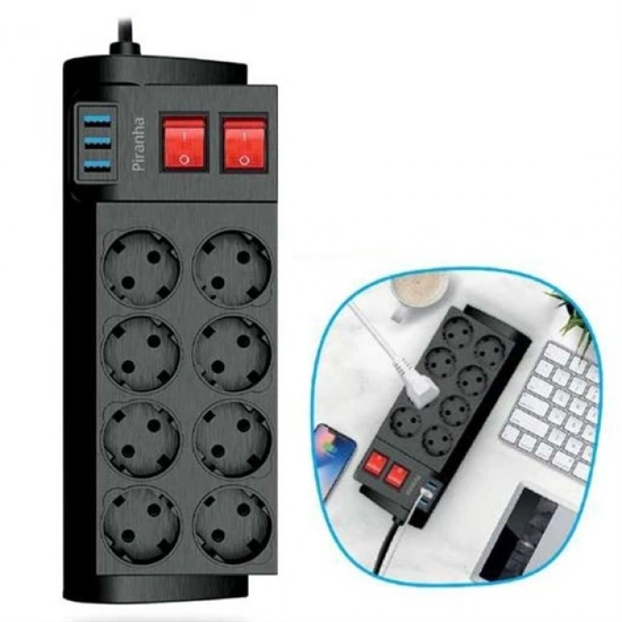Isıya Dayanıklı Termal Akım Korumalı 2 Metre 16A 4000W 8li Priz ve 3 Usb Li Uzatma Kablosu (5263)