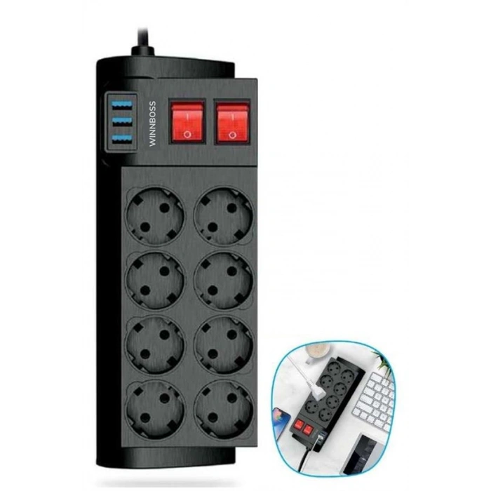 Isıya Dayanıklı Termal Akım Korumalı 2 Metre 16A 4000W 8li Priz ve 3 Usb Li Uzatma Kablosu (5263)