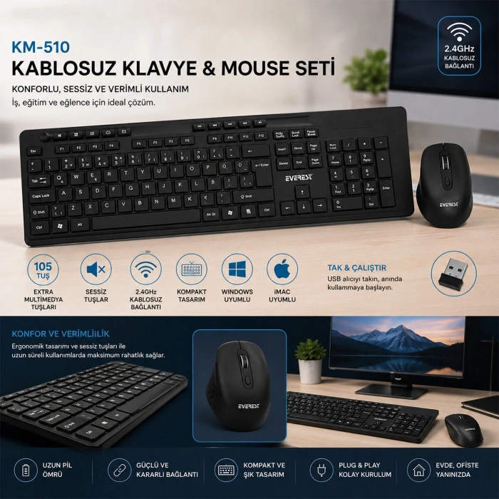 KABLOSUZ MULTİMEDİA KLAVYE - MOUSE SETİ SİYAH Q KLAVYE KM-510 (5263)