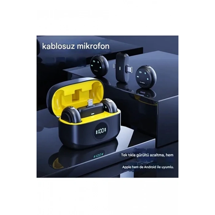 Kablosuz Profesyonel İkili Yayın Yaka Mikrofonu Şarj Kutu Mıknatıslı Typce Lightning Çıkış Mikrofon