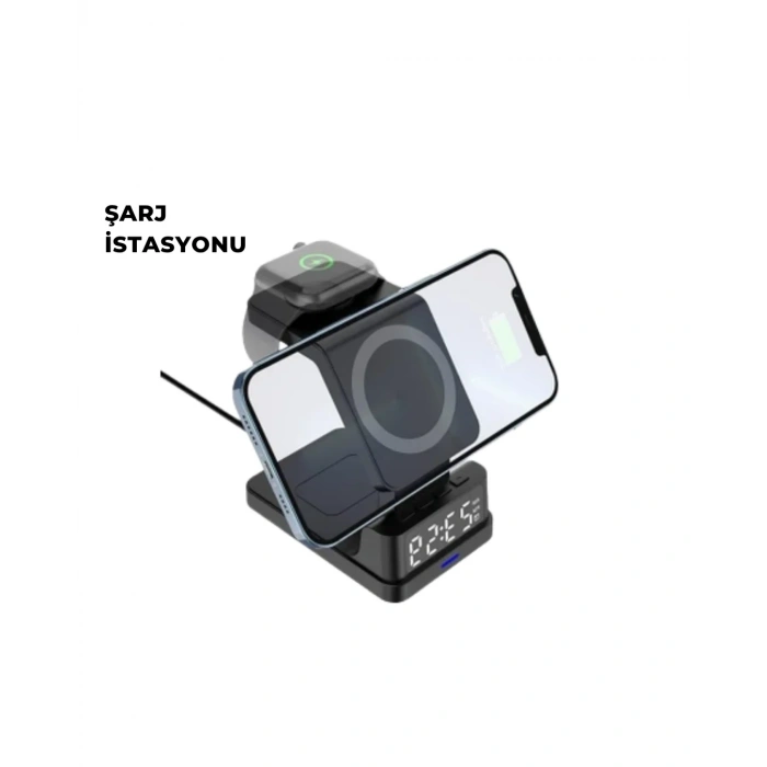 Kablosuz Şarj İstasyonu Ve Dijital Saat – Apple Uyumlu, 3 Kademeli Işık Ayarı