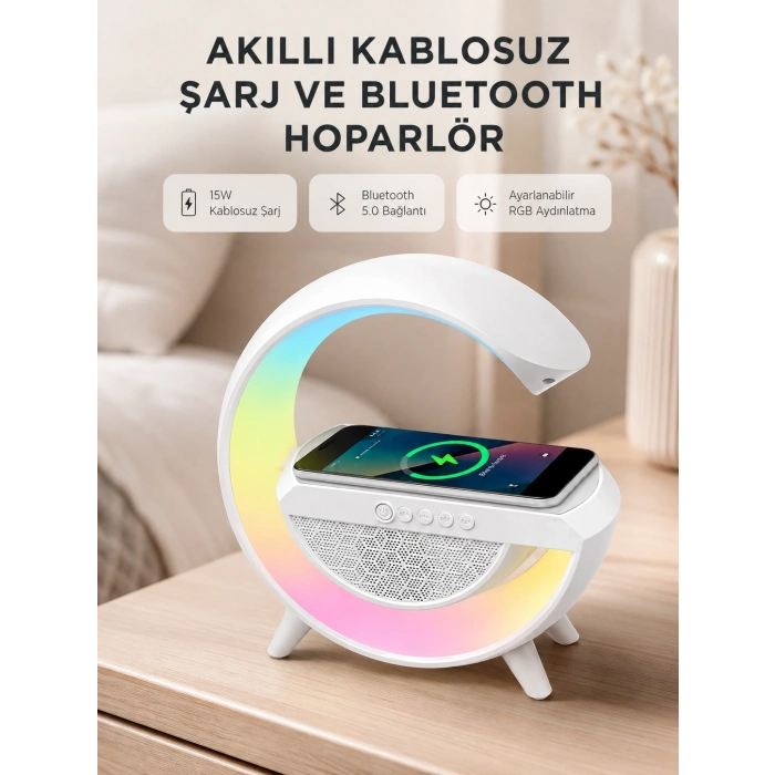 Kablosuz Şarjlı Bluetooth Hoparlör Ve Gece Lambası – Nfc, Fm Radyo, Rgb Işık