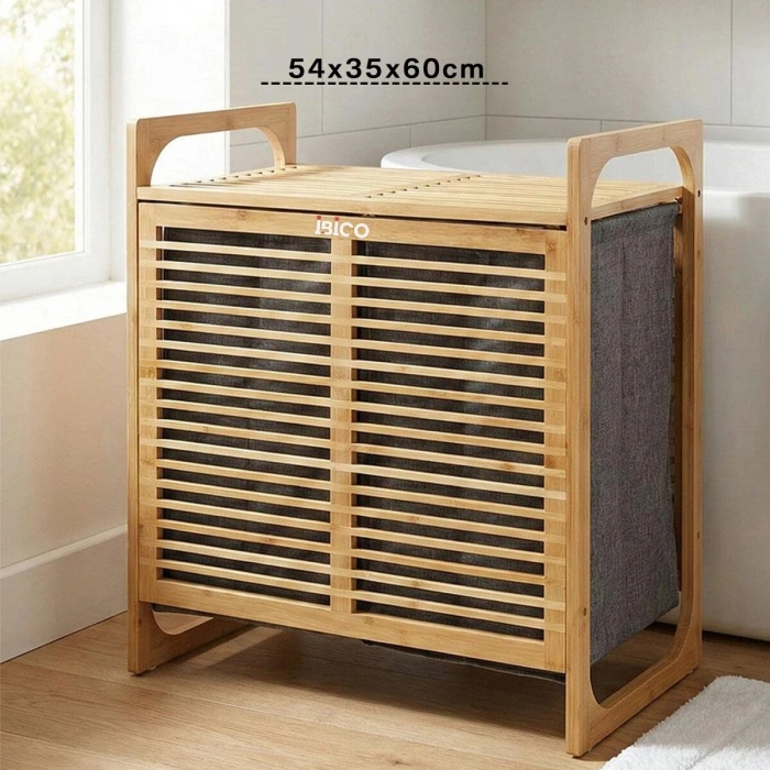 KALIN AHŞAP BAMBU 2 BÖLMELİ KİRLİ ÇAMAŞIR SEPETİ KUMAŞ ÇANTALI SEPET=54X35X60CM (5263)