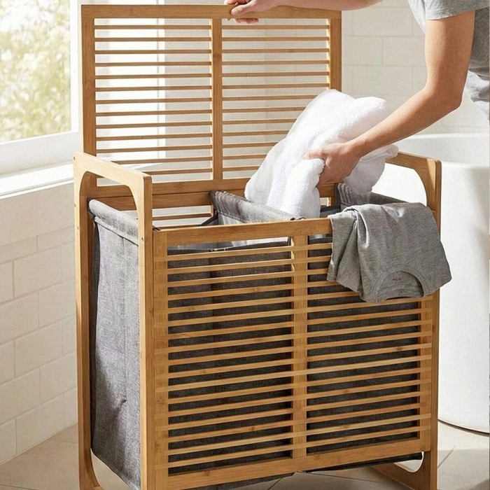 KALIN AHŞAP BAMBU 2 BÖLMELİ KİRLİ ÇAMAŞIR SEPETİ KUMAŞ ÇANTALI SEPET=54X35X60CM (5263)