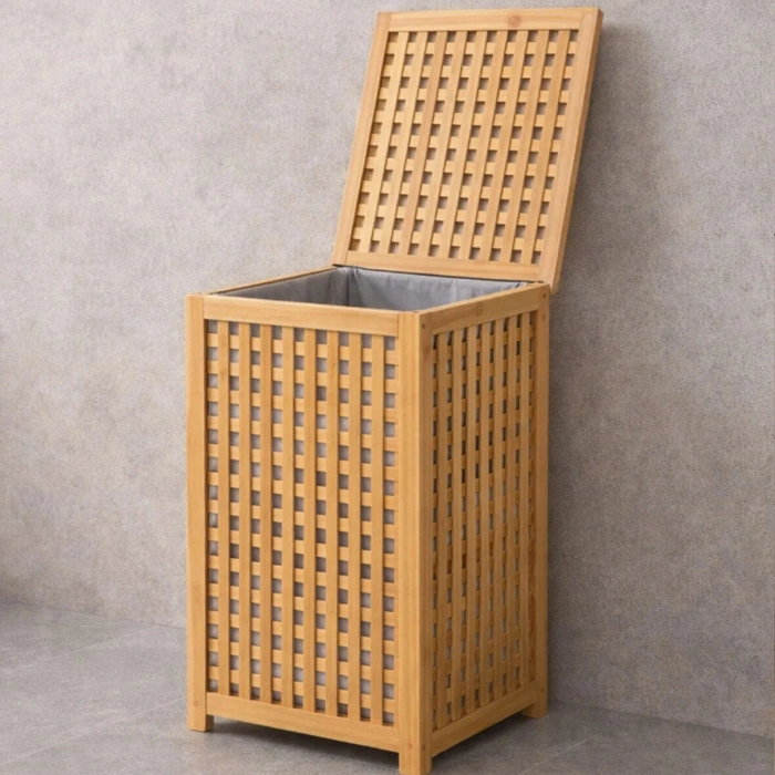 KALIN AHŞAP BAMBU KİRLİ ÇAMAŞIR SEPETİ KUMAŞ ÇANTALI SEPET=40X40X58CM (5263)