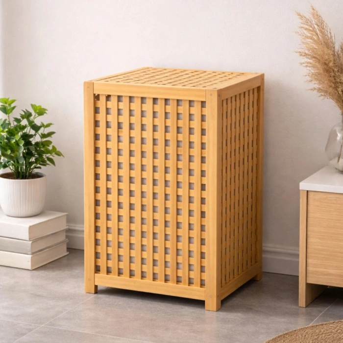 KALIN AHŞAP BAMBU KİRLİ ÇAMAŞIR SEPETİ KUMAŞ ÇANTALI SEPET=40X40X58CM (5263)