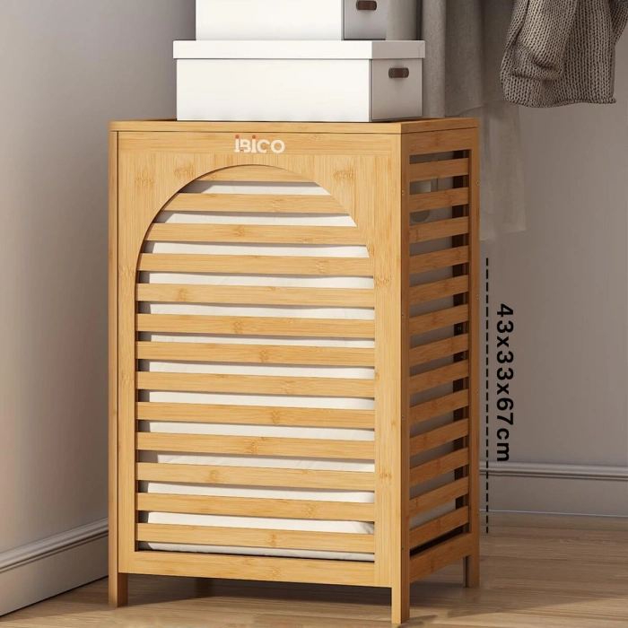 KALIN AHŞAP BAMBU KİRLİ ÇAMAŞIR SEPETİ KUMAŞ ÇANTALI SEPET=43X33X67CM (5263)